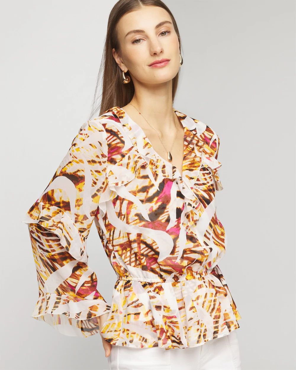 Long Sleeve V-Neck Chiffon Ruffle Blouse | White House Black Market